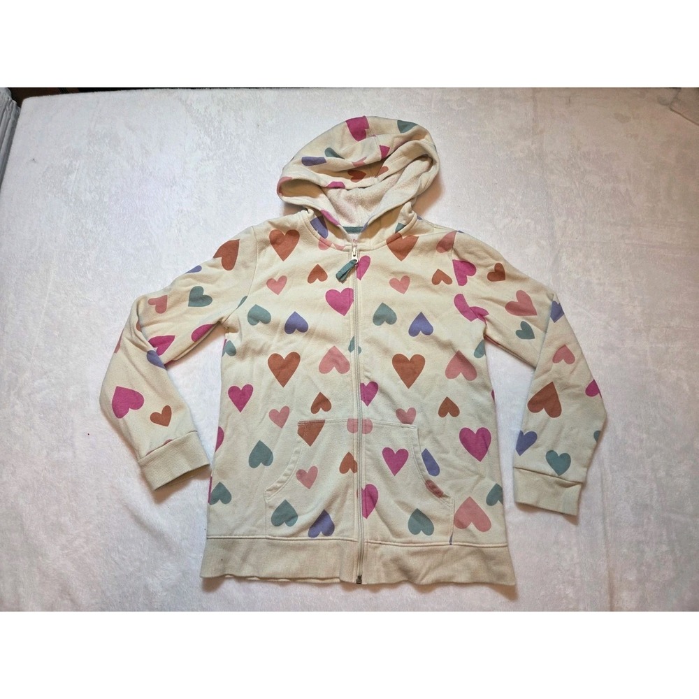 226 Cat & Jack Girls L 10/12 Heart Print Full Zip Hoodie Cream Pink Blue Jacket